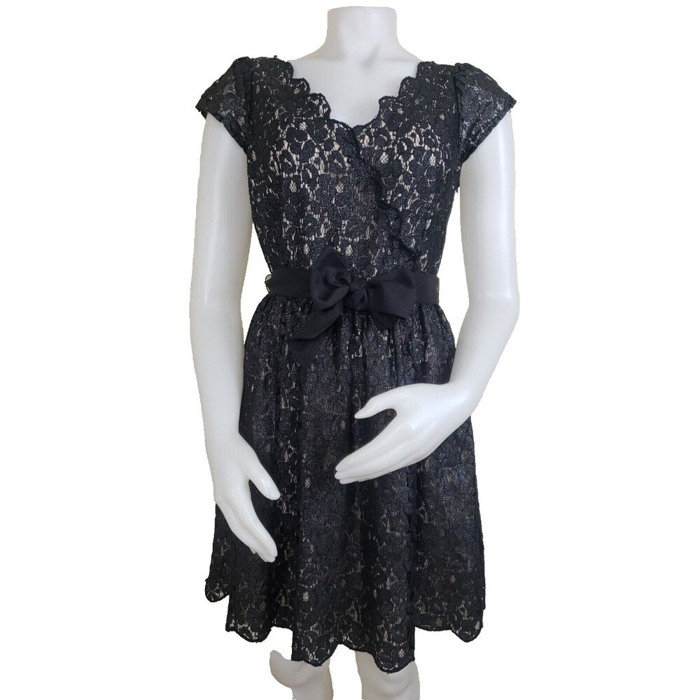Elle New Years Eve Dress Womens Sz 4 Black Shimmer Lace Overlay Party Belted